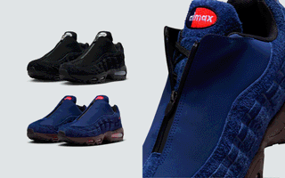 Nike Air Max 95 Zip in "Black" and "Loyal Blue/El Dorado/Bright Crimson/Hyper Crimson" color schemes.