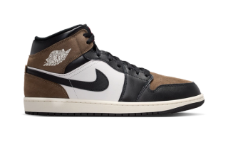 Air Jordan 1 Mid in a "Black/Palomino/University Red/Phantom" color scheme.
