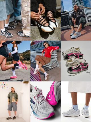 Nine different product and lifestyle photos for a story on popular Women's sneaker choices—including the adidas Samba, Nike P-6000, Vans Old Skool 36, and more.