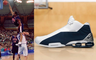 Vince Carter wearing the Nike Shox BB4 during the 2000 Olympic games as he dunks over Frederic Weis.