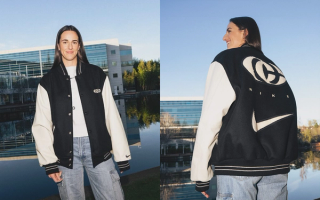 Caitlin Clark's Nike Signature Logo on a varsity jacket.