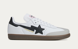 BAPE®︎ x Adidas Samba collaboration in a white-and-black color scheme.