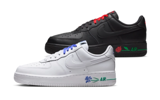 "Roses" Nike Air Force 1 pairs in "White/Persian Violet" and "Black" color schemes.