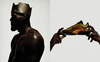 LeBron James in a crown as part of Nike's 'Forever King' LeBron 23 campaign next to the golden "Uncharted" LeBron 23.
