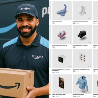 A.I. generated image of Aubrey "Drake" Graham in an Amazon delivery uniform made to promote "Drake's Warehouse" merch store on Amazon.com.