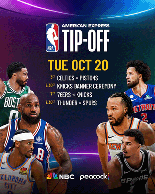 Promotional poster of 2026 NBA Opening Night, featuring matches between the Philadelphia 76ers & New York Knicks; plus, 18 sneakers that could take on the court during Tip-Off.