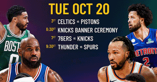 Promotional poster of 2026 NBA Opening Night, featuring matches between the Philadelphia 76ers & New York Knicks; plus, 18 sneakers that could take on the court during Tip-Off.
