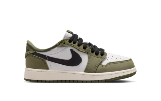 Big Kids' Air Jordan 1 Low OG in a "Medium Olive/Black/Summit White/Sail" color scheme.