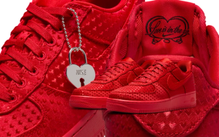 Valentine's Day-inspired Nike Air Force 1 Low in a "University Red/Black/University Red" color scheme, complete with a heart-shaped locket.