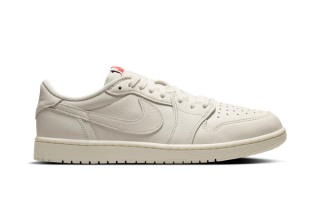 Air Jordan 1 Low OG in a "Sail/University Red/Sail" color scheme.