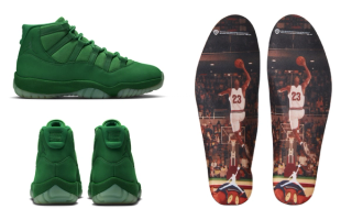 Suede-covered Air Jordan 11 "Green Screen" retro celebrating the 30th anniversary of Space Jam. Photos via Foot Locker.