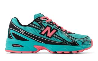 Lateral angle of New Balance 740v2 "Cyber Jade" in a vibrant green and pink color scheme.