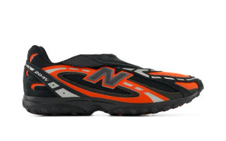 Velcro-assisted New Balance 204V Mary Jane thin-soled sneaker in a "Neo Flame/Black/Clack Cement" color scheme.