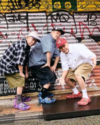 BAPE®︎ & Crocs Echo Clog collaborations, featuring A BATHING APE®︎ COLOR CAMO patterns in blue, red, and purple.