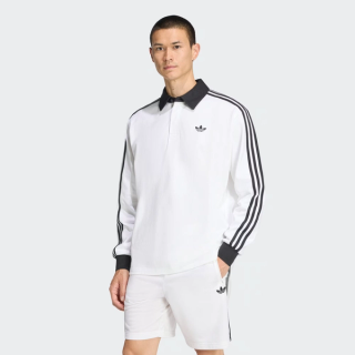 Men's adidas 3-STRIPES RUGBY LONG-SLEEVE POLO "White/Black" (SKU: KE3575). Photo via adidas.