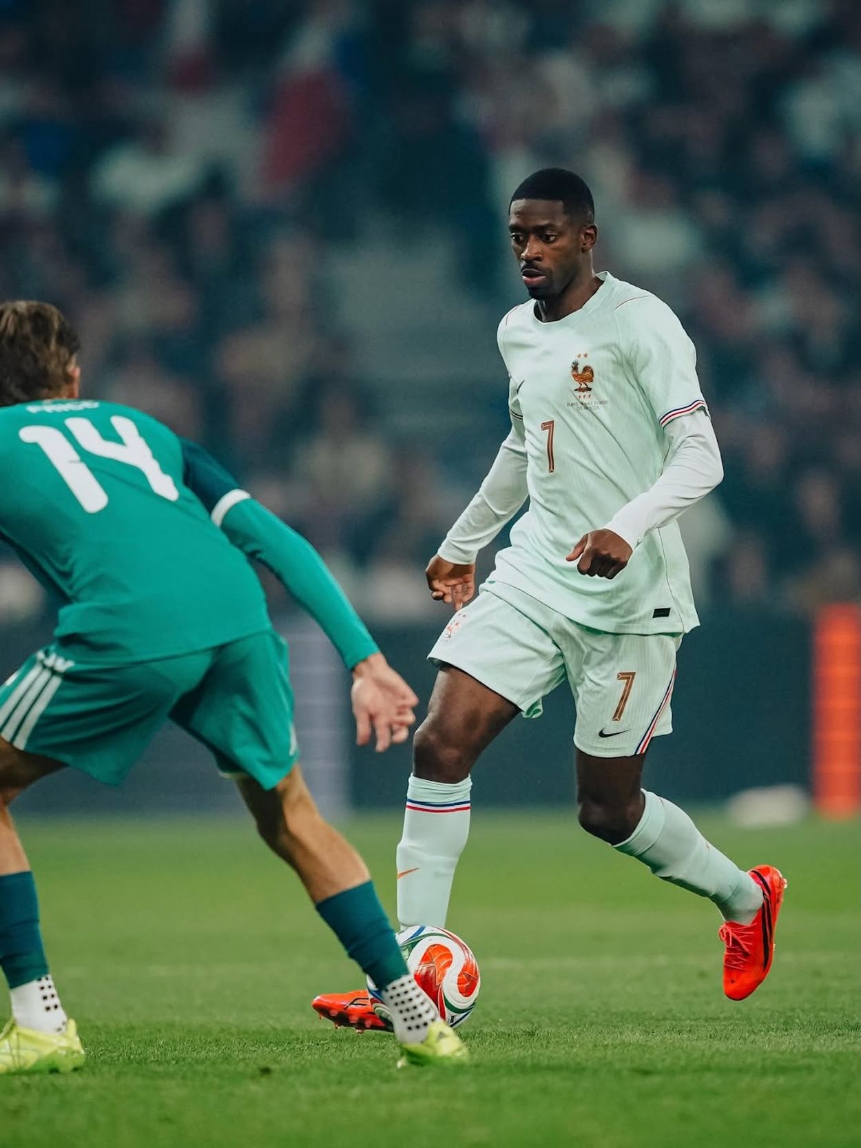 Ousmane Dembélé wearing the "Road to Glory" adidas F50 HYPERFAST EVO. Photo via Equipe de France de Football.