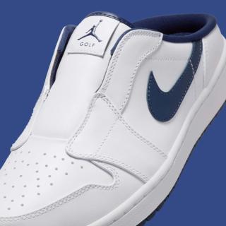Close-up view of Air Jordan 1 Mule Golf shoe in a "White/Midnight Navy" color scheme.