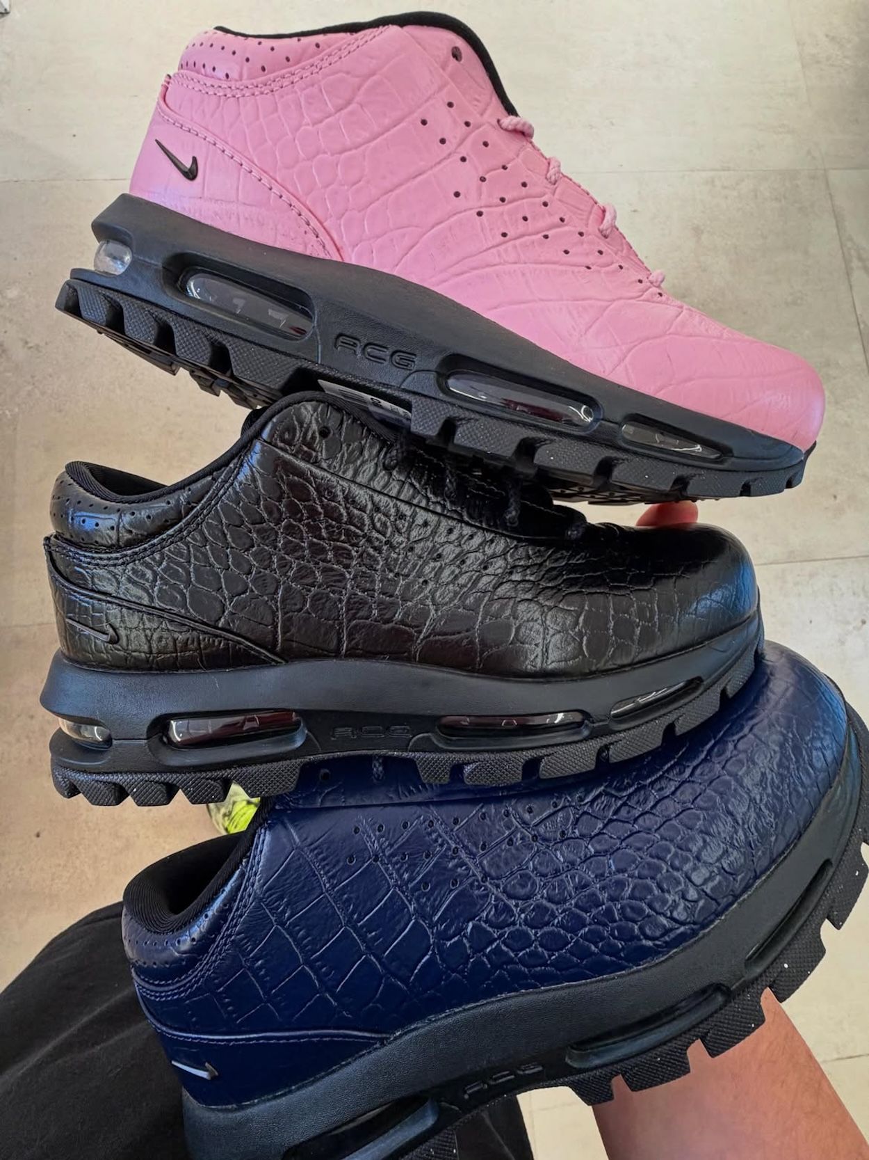 Pink, Black & Navy Gator Nike Air Max Goadome Lows. Photo via @jimboslice_ on Instagram.