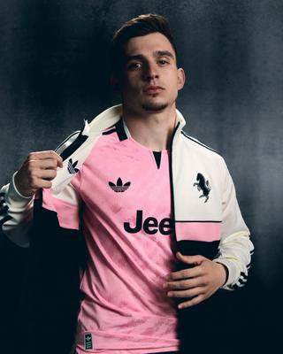 Juventus 26/27 Away Jersey in a "True Pink" color. Photo via adidas.