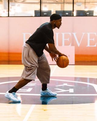 Anthony Edwards wearing the "Bliss Blue" adidas Anthony Edwards 3. Photo via Anthony Edwards.