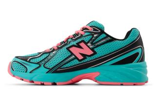 Medial angle of Lateral angle of New Balance 740v2 "Cyber Jade" in a vibrant green and pink color scheme.