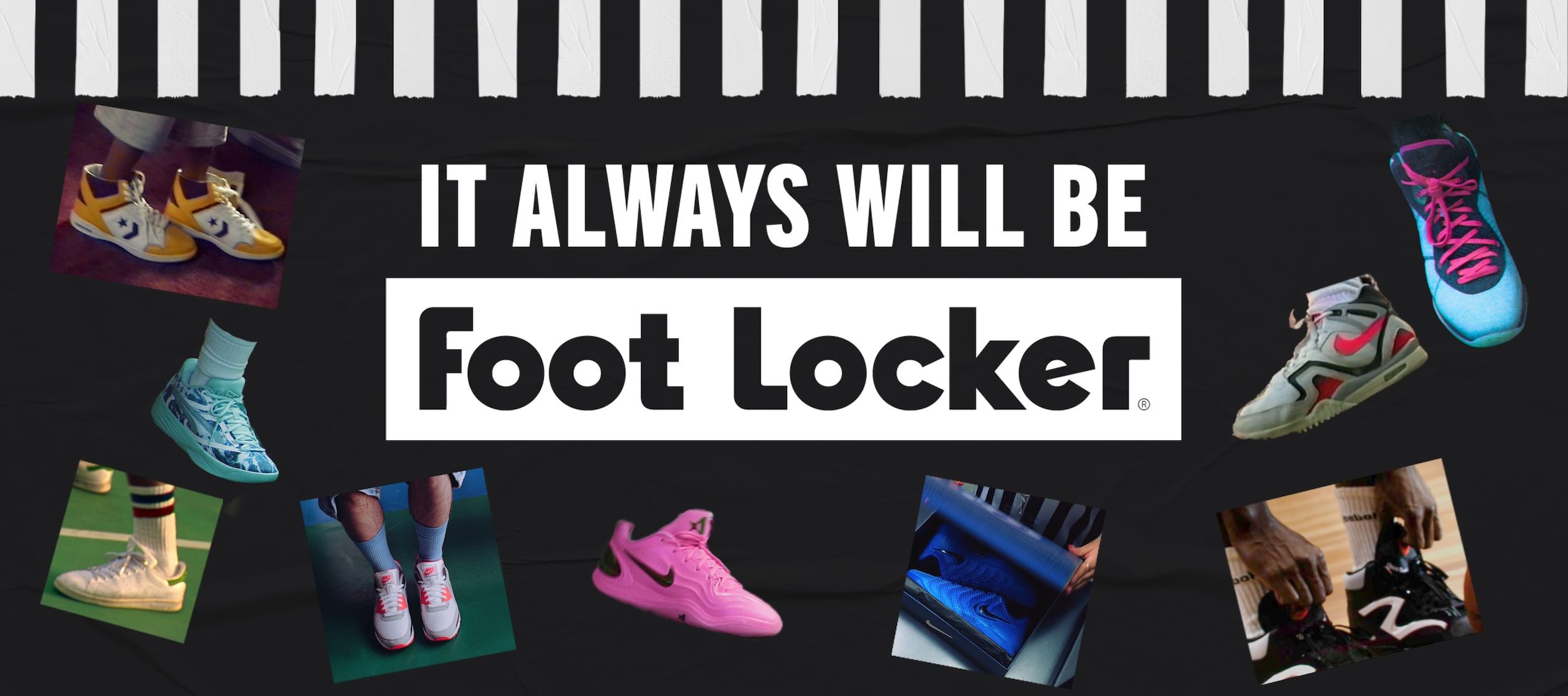 "It Will Always Be Foot Locker" Campaign Image for Summer 2026, in a black-white color scheme.