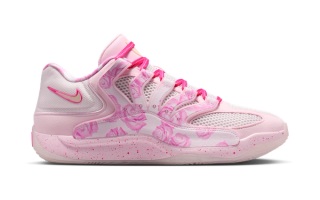Kevin Durant's Nike KD 18 in a pink "Aunt Pearl" color scheme.