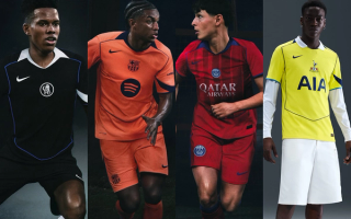From left: Chelsea FC, FC Barcelona, Paris Saint-Germain, Tottenham Hotspur FC's Nike Total 90-inspired Third Jerseys for the 2025-26 season.