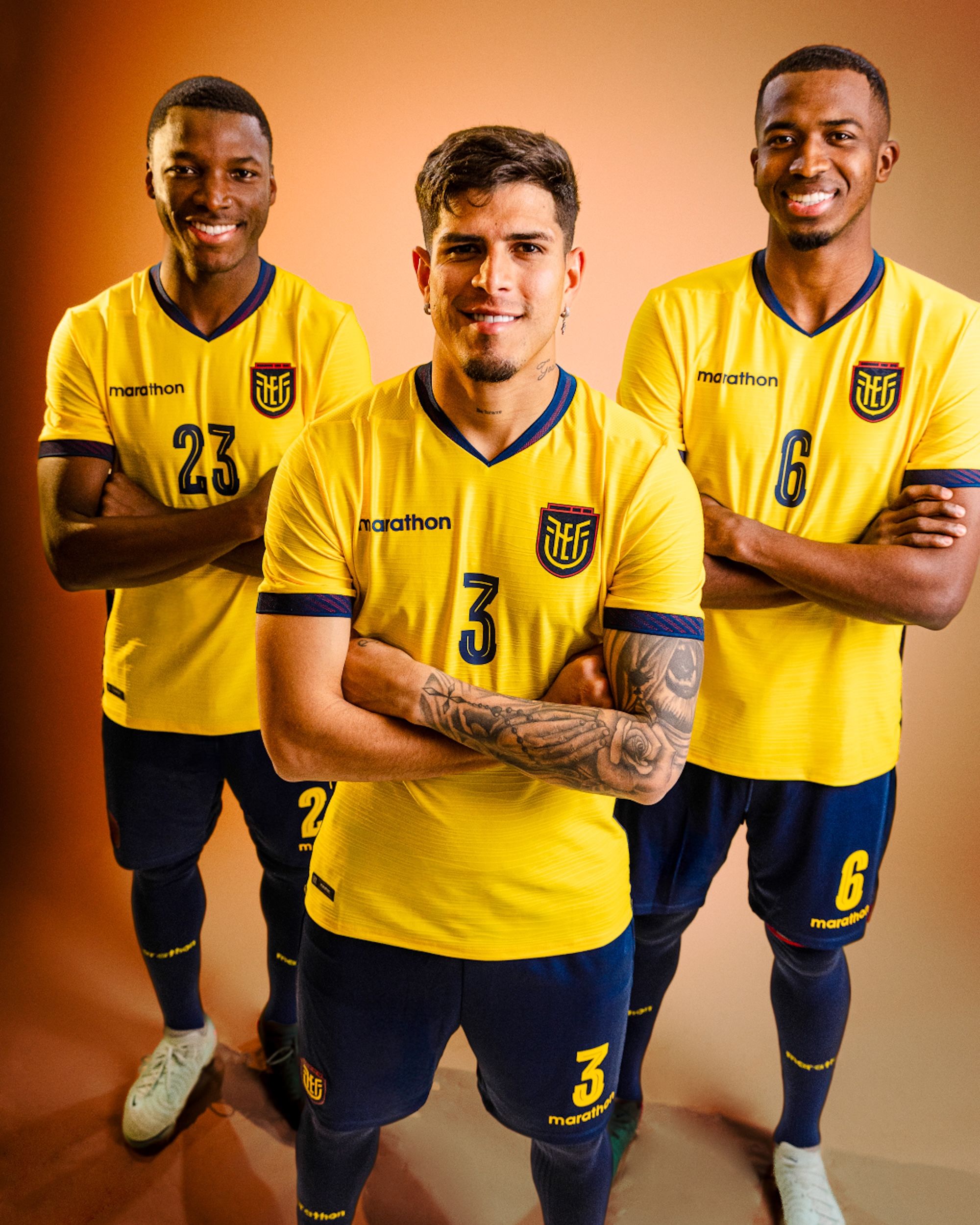 Moisés Caicedo, Piero Hincapié & Willian Pacho representing the Ecuador national football team, which wears kits manufactured by domestic brand Marathon Sports.
