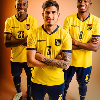 Moisés Caicedo, Piero Hincapié & Willian Pacho representing the Ecuador national football team, which wears kits manufactured by domestic brand Marathon Sports.