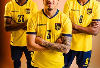 Moisés Caicedo, Piero Hincapié & Willian Pacho representing the Ecuador national football team, which wears kits manufactured by domestic brand Marathon Sports.