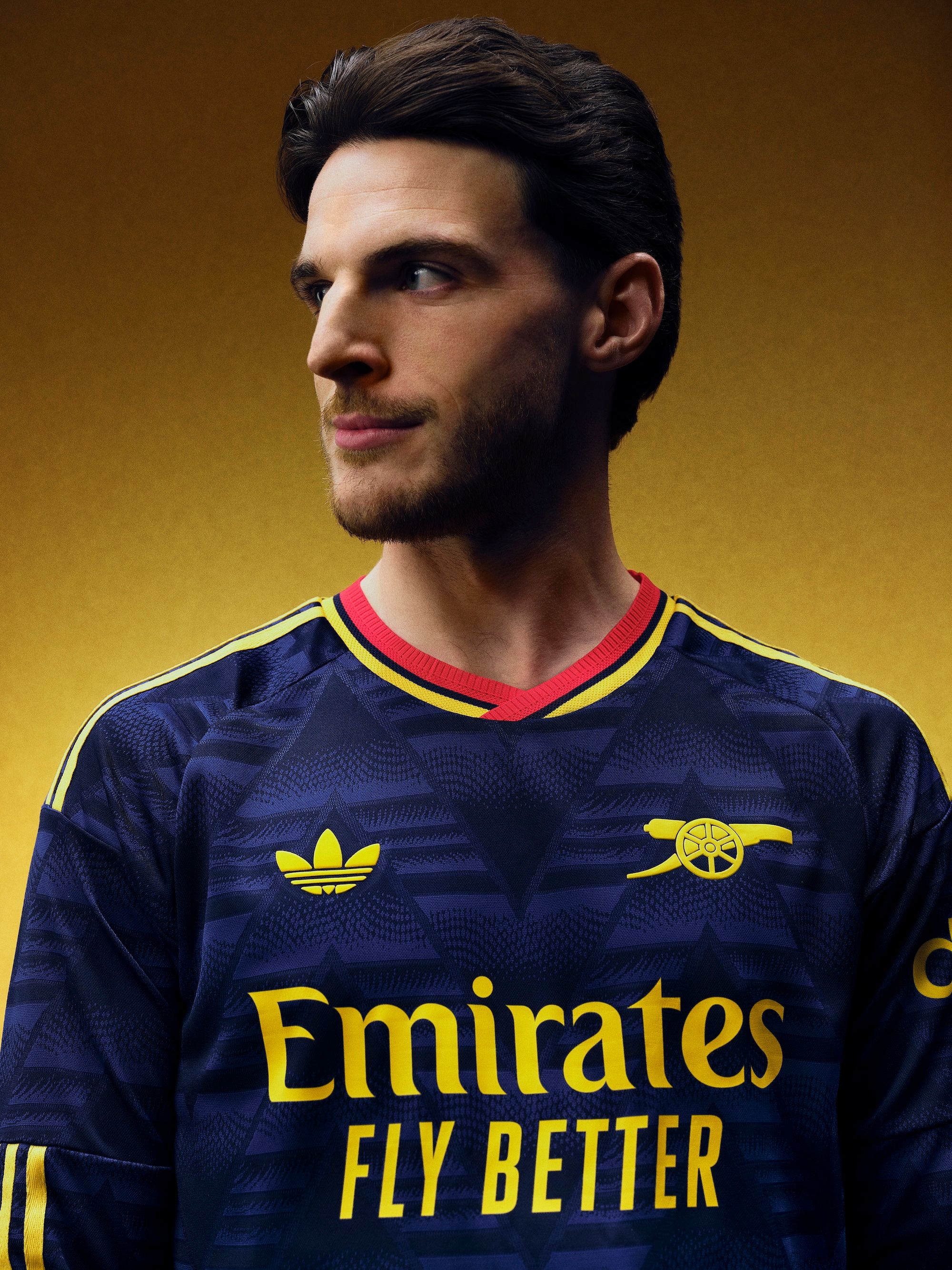 Declan Rice for Arsenal 26/27 Away kit by adidas. Photo via adidas.
