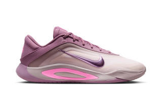 Nike A'One "Dog Mom" basketball shoe in a "Violet Dust/Pearl Pink/Barely Rose/Pink Spell" color scheme.