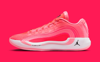 Jordan Luka 4 "Hčerka" basketball shoe in a "Flash Crimson/Sunset Pulse/White/Black" color scheme.
