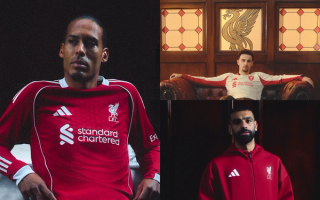 Virgil van Dijk, Mohammed Salah, and Curtis Jones for Liverpool FC x Adidas 25-26 Home & Away Jerseys release.