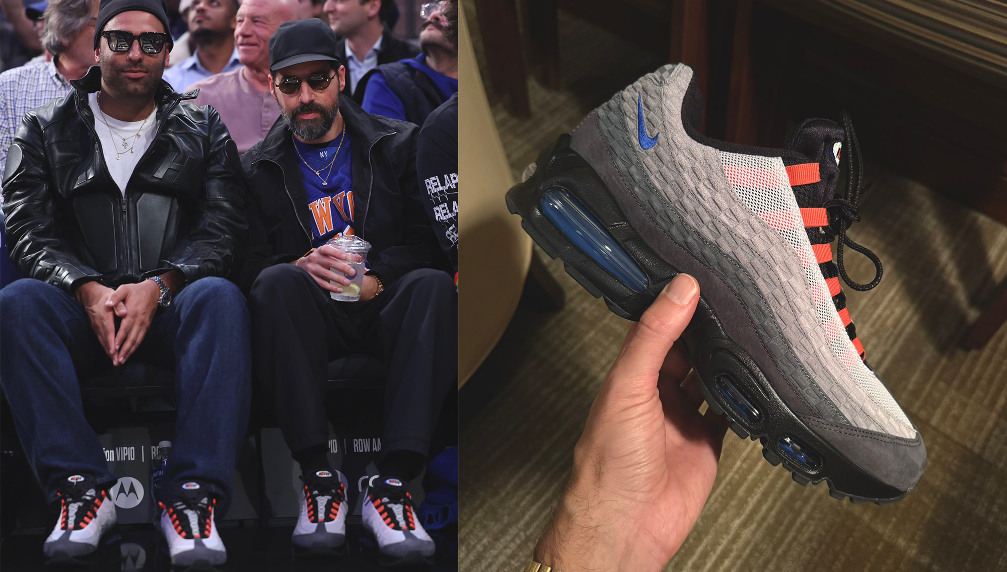 Joe La Puma and Ronnie Fieg wearing a grey, blue, and orange-colored Kith x Nike Air Max 95.
