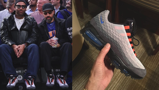 Joe La Puma and Ronnie Fieg wearing a grey, blue, and orange-colored Kith x Nike Air Max 95.