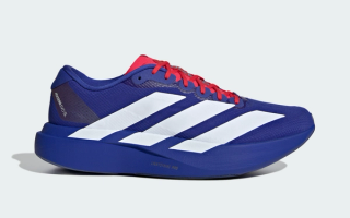 Adidas Adizero Evo SL running shoe in a "Lucid Blue/Pure Ruby/Cloud White" seemingly inspired by Japan's National Football Team.