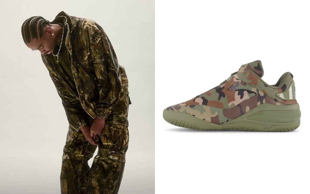 Converse SHAI 001 in green camo colorway, side profile view of the mid-top basketball silhouette