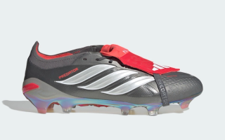 adidas Predator 26 Elite FT FG “Finishers Steel” in an "Iron Metallic/Footwear White/Lucid Red" color scheme.