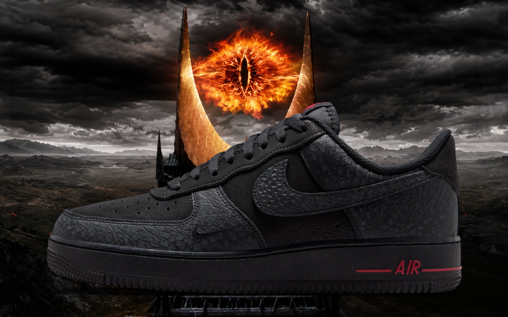 Nike Air Force 1 Low in dark black leather with amber and burgundy accents inspired by the Eye of Mordor