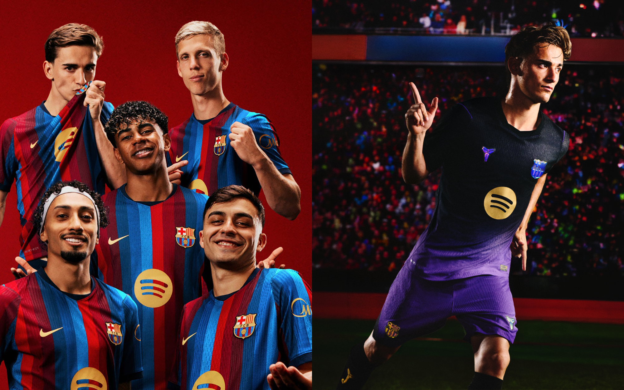 Raphinha, Lamine Yamal, Pedri, Gavi & Dani Olmo wearing FC Barcelona's 2026/27 Home & Away kits by Nike.