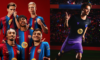Raphinha, Lamine Yamal, Pedri, Gavi & Dani Olmo wearing FC Barcelona's 2026/27 Home & Away kits by Nike.