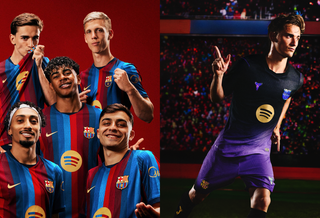 Raphinha, Lamine Yamal, Pedri, Gavi & Dani Olmo wearing FC Barcelona's 2026/27 Home & Away kits by Nike.