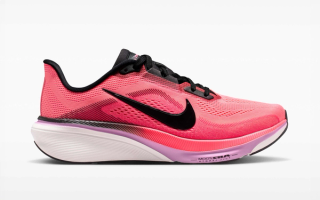 Nike Pegasus 42  running shoe in a "Lava Glow/Flash Crimson/Light Magenta/Black" color scheme.