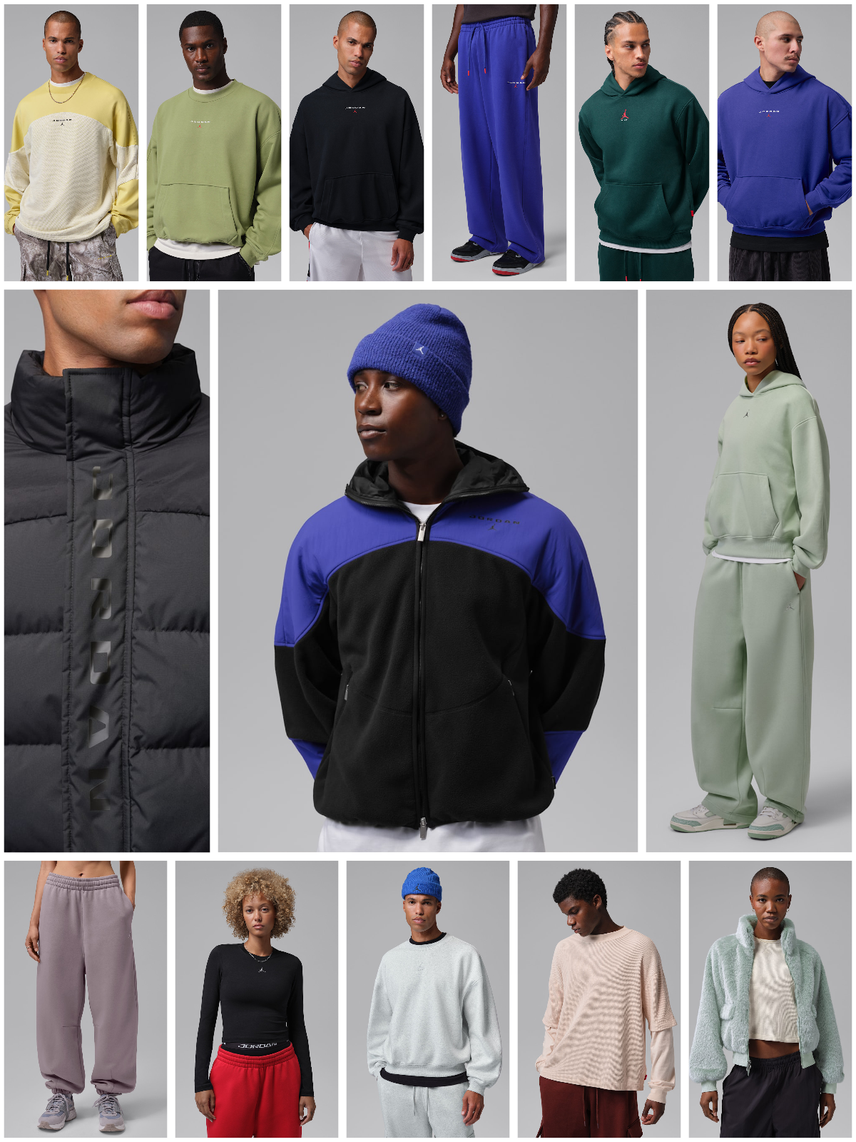 Fifteen different Jordan Streetwear Apparel Items—including a Puffer Jacket & Fleece Pants. Photos via Nike.