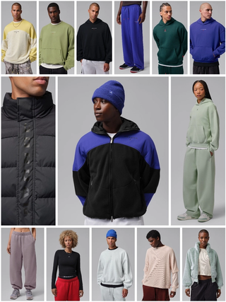 Fifteen different Jordan Streetwear Apparel Items—including a Puffer Jacket & Fleece Pants. Photos via Nike.