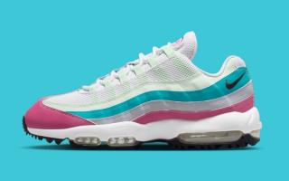 Nike Air Max 95 Golf in a "Peony/Volt Tint/Dusty Cactus/Anthracite" color scheme.