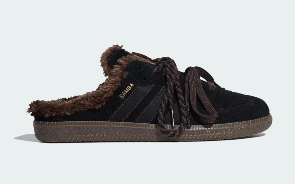 Adidas Samba Mule with fur lining in fall colorway, showing slip-on silhouette and interior fleece detail