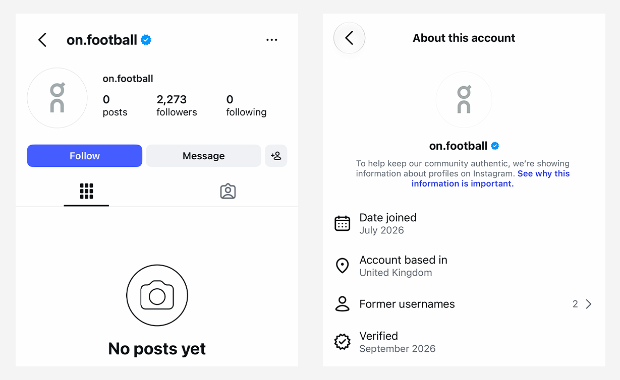 Screenshots of @on.football Instagram account as of Sept. 18, 2026 at 6:49 a.m. EDT.